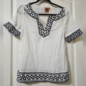 Tory Burch Geometric Embroidered Blouse in White and Black